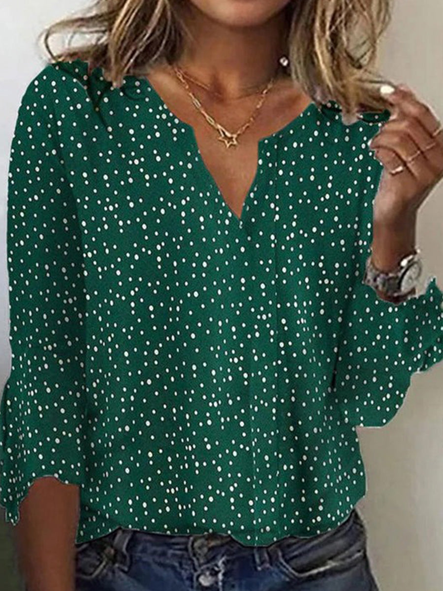 Green Vintage Polka Dot V Neck Blouse