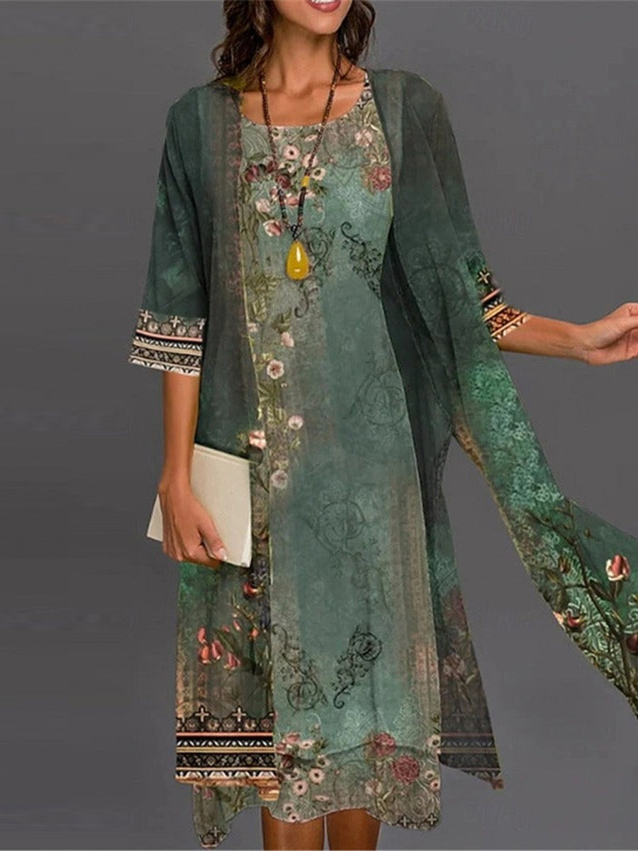 Floral Print Round Neck 3/4 Sleeve Two Piece Dress