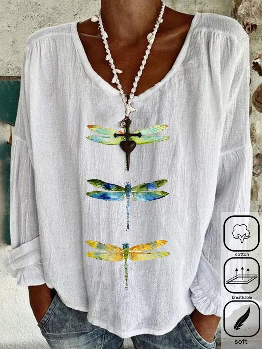 Dragonfly Print Crew Neck Long Sleeve Loose Blouse