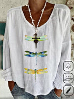 Dragonfly Print Crew Neck Long Sleeve Loose Blouse