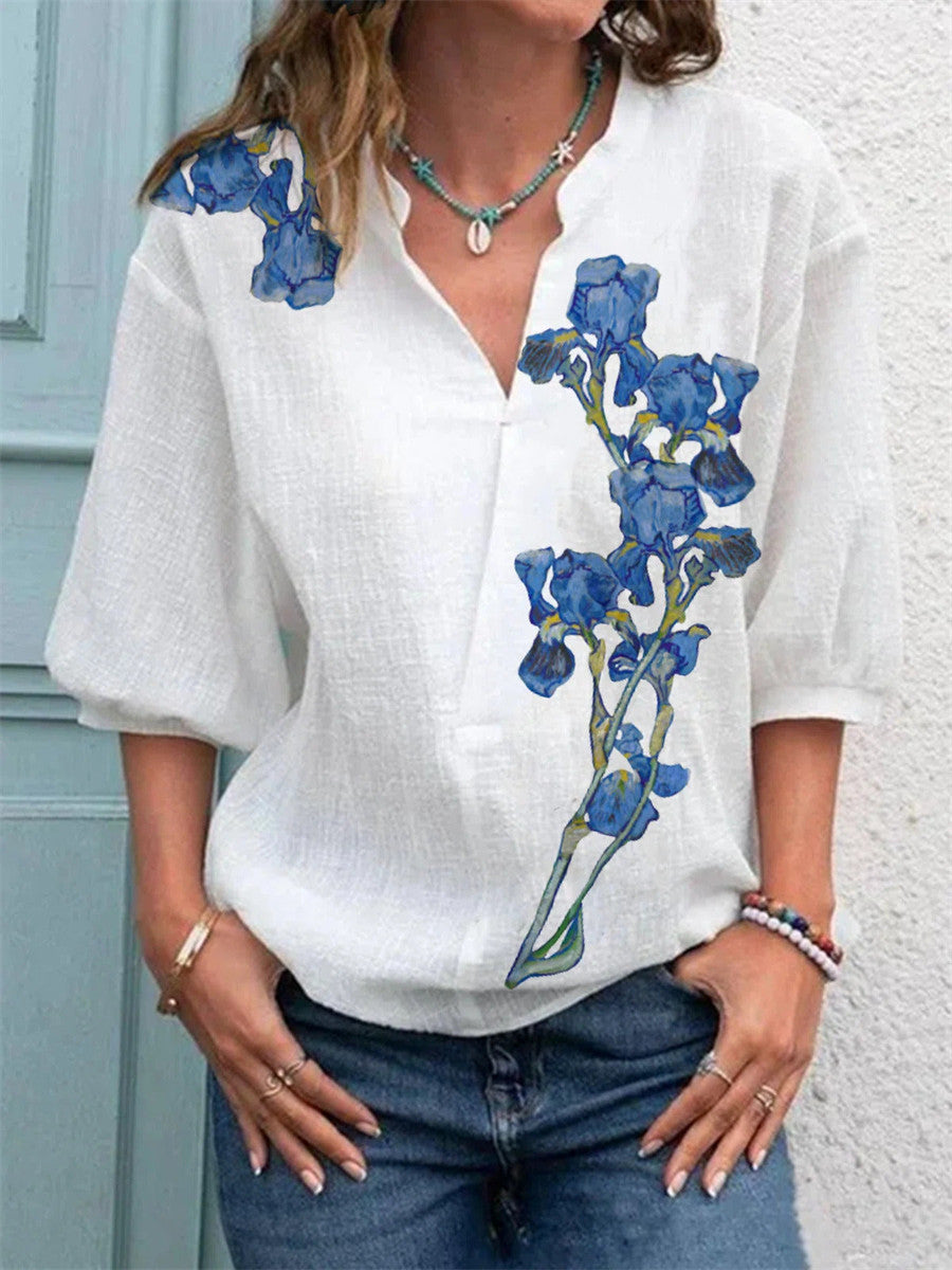Irises Print V-neck Puff Sleeve Casual White Blouse