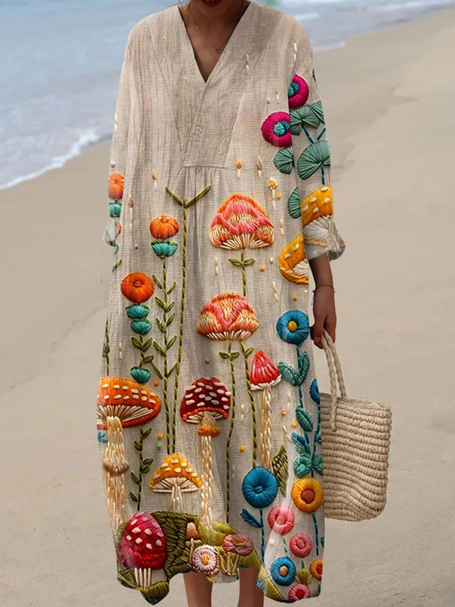 Floral Art Print V-neck Long Sleeve Dress