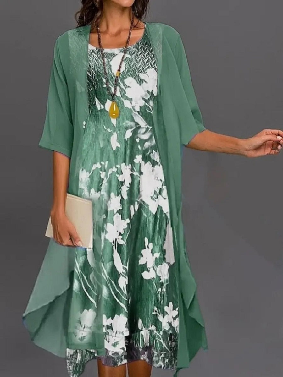Green Casual Round Neck Floral Printed Summer Dress