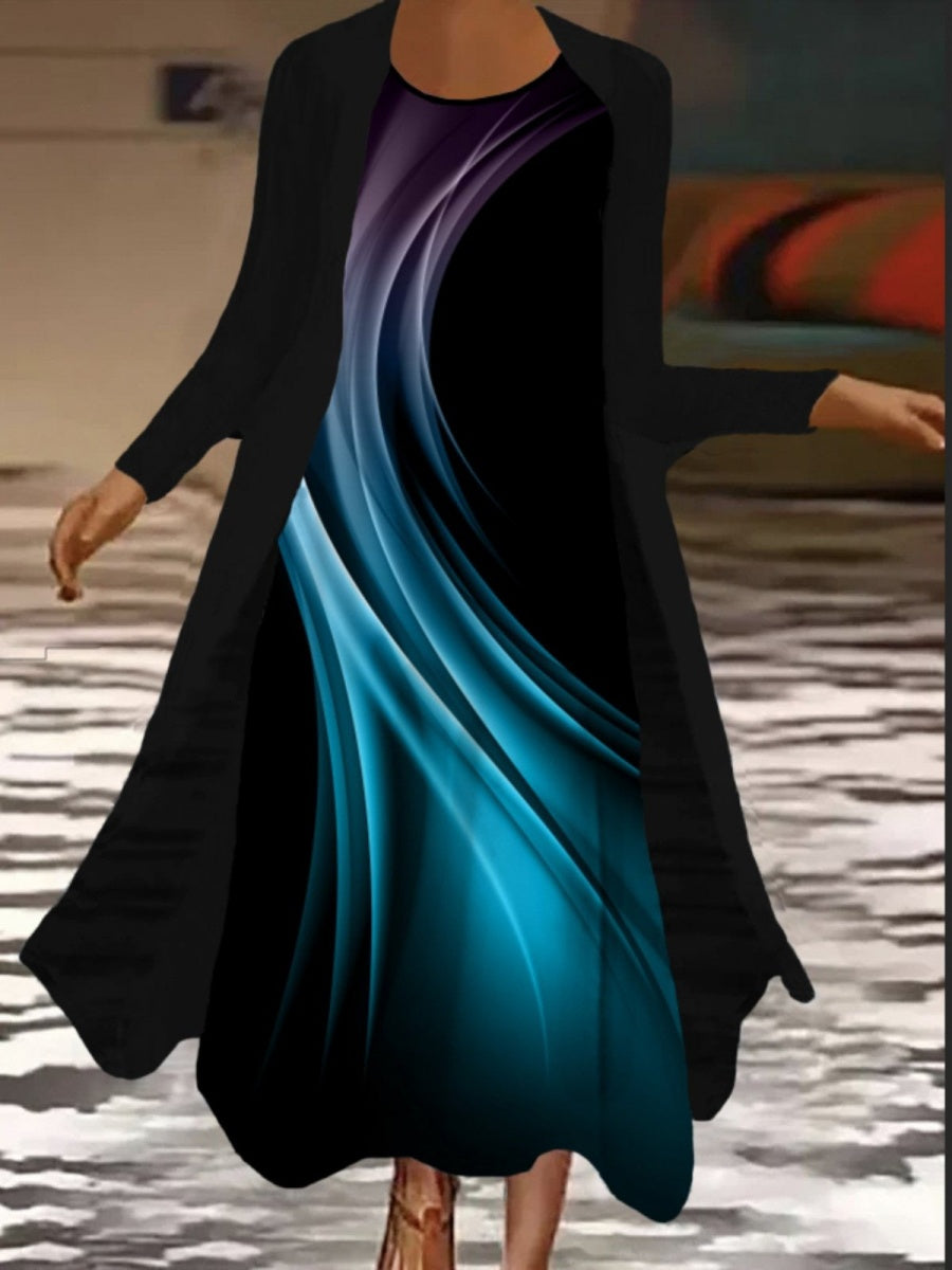 Robe maxi deux pièces imprimée abstraite à manches longues et col rond