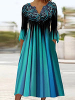 Women’s Gradient V-Neck 3/4 Sleeve A-Line Midi Dress