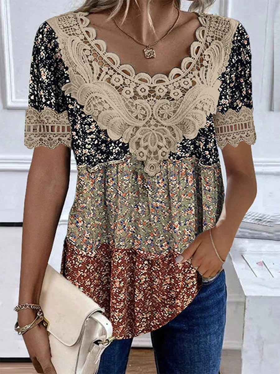Disty Floral Lace Loose V Neck Short Sleeve Shirt