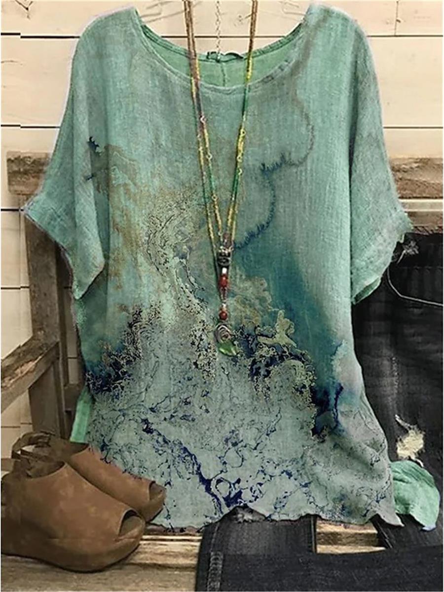 Green Casual Graphic Tops Round Neck Printed Short Sleeve Blouse