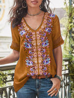 Casual Short Sleeve Patchwork V-neck Blouse