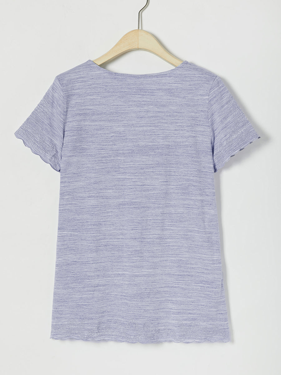 Lässiges, einfarbiges Kurzarm-T-Shirt mit V-Ausschnitt und Stickerei