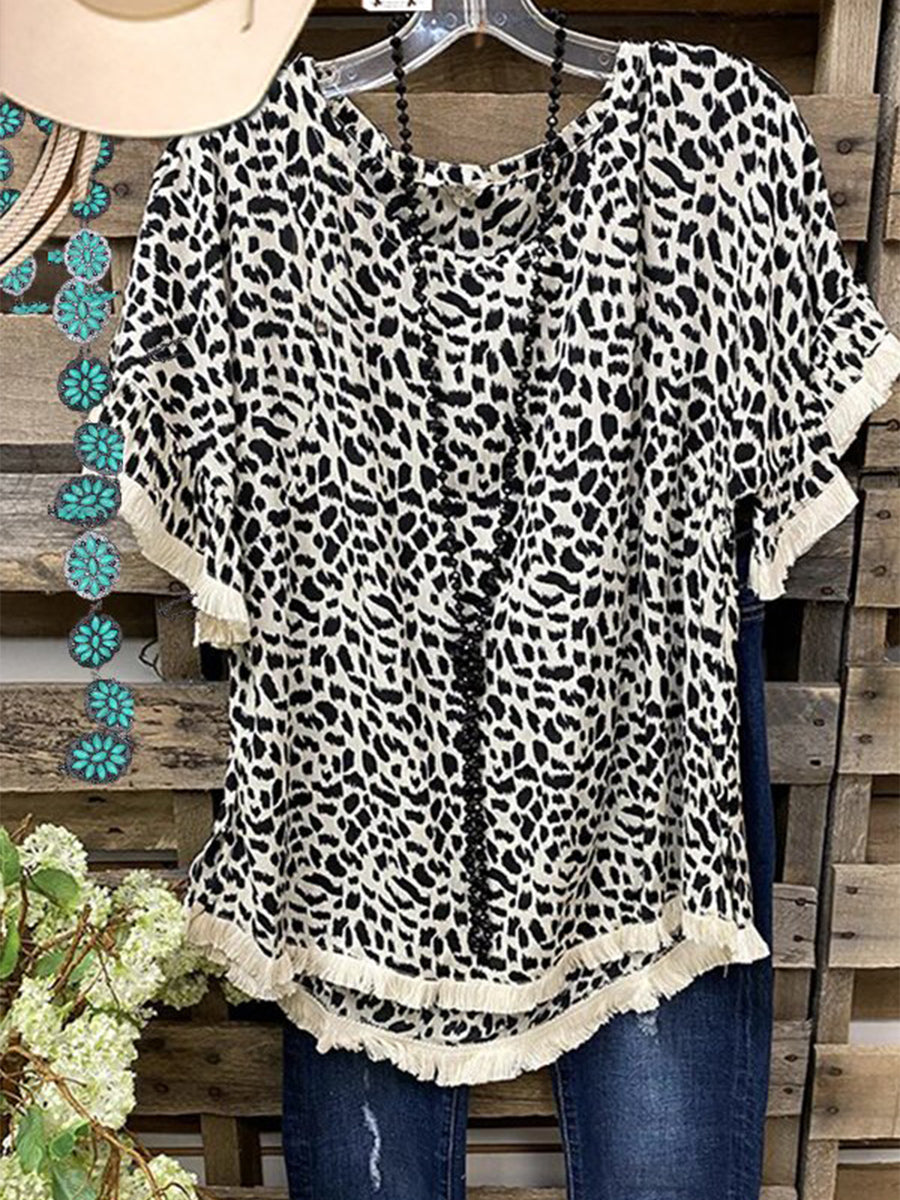 Leopard Print Tassel Round Neck Short Sleeve T-shirt