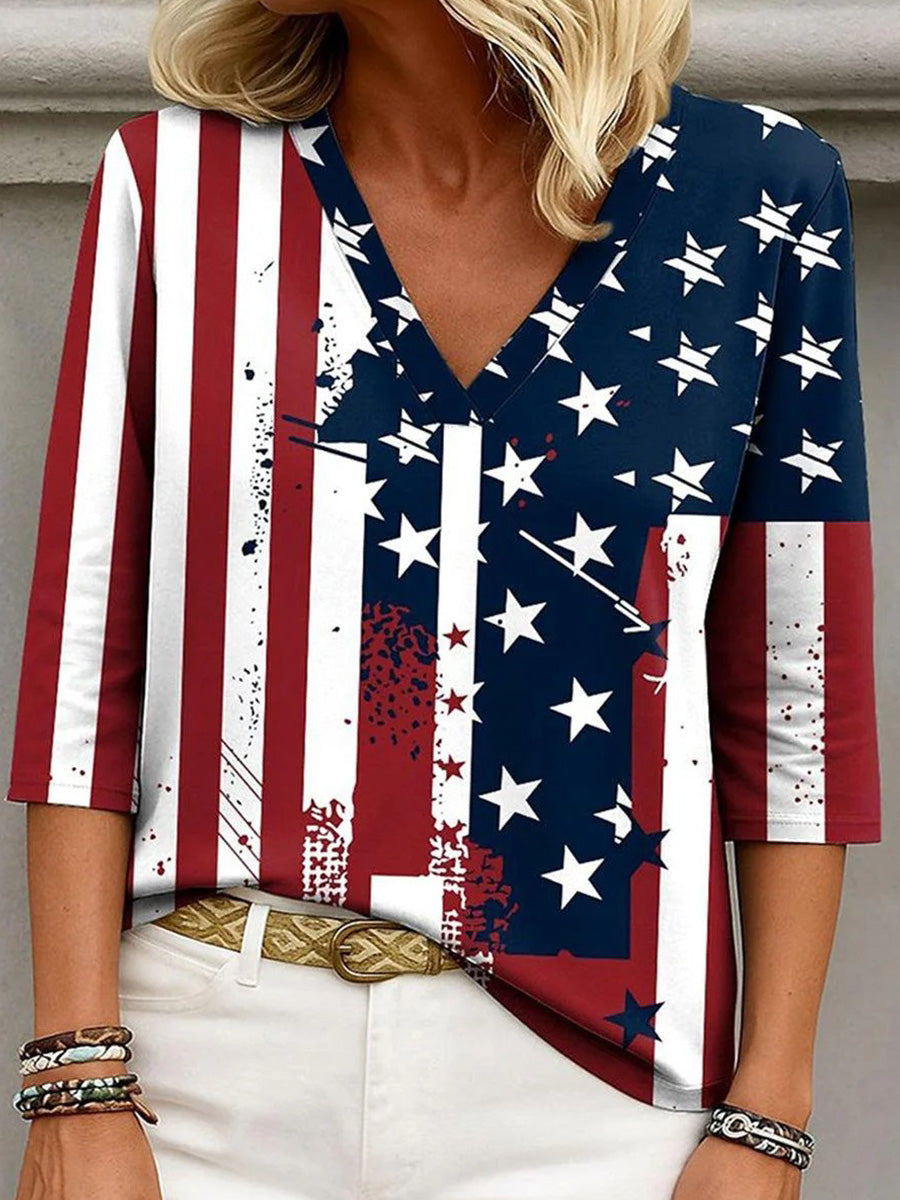 Haut tendance à col en V et manches 3/4