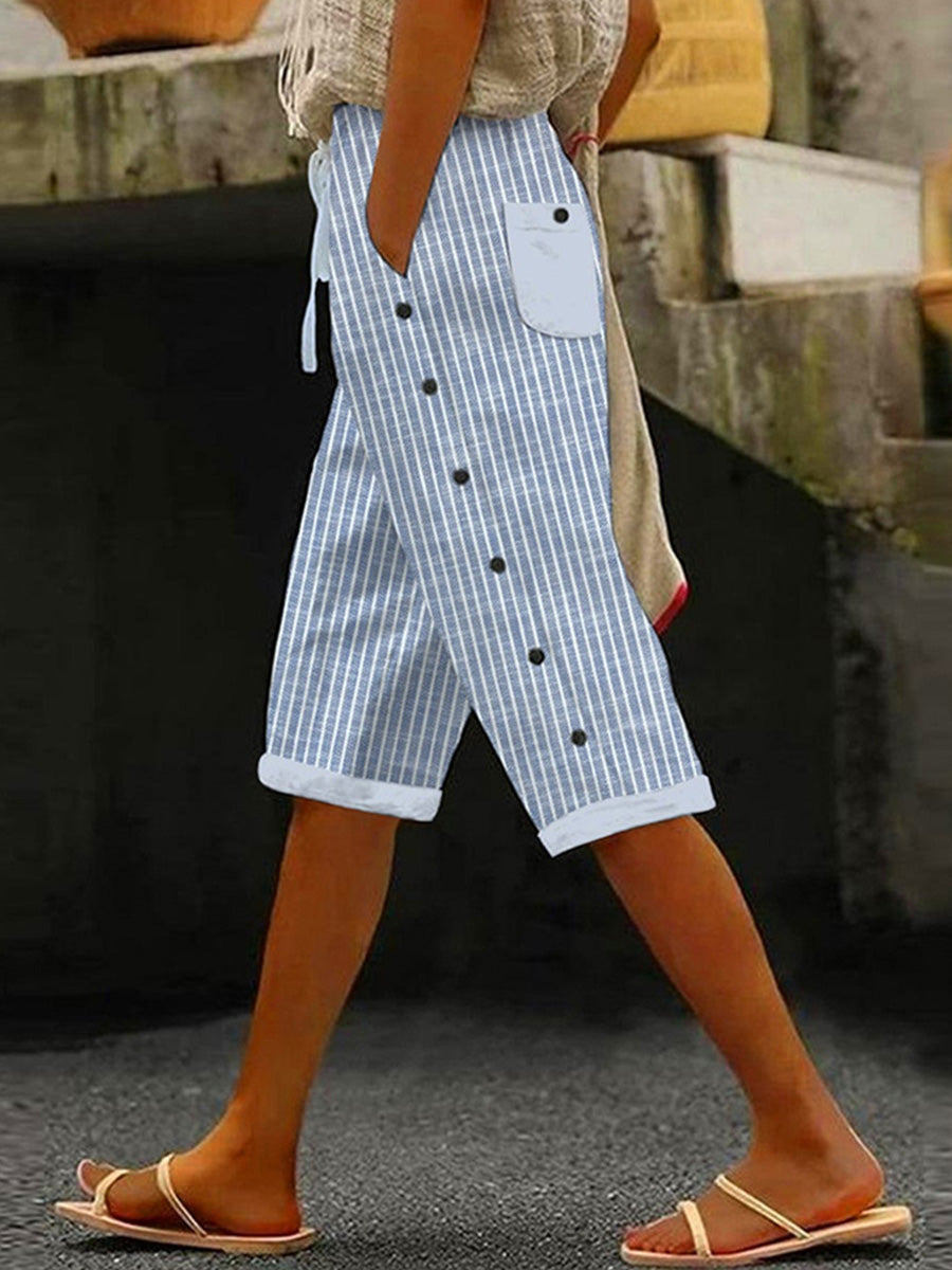 Short Capri rayé décontracté pour femme avec poches