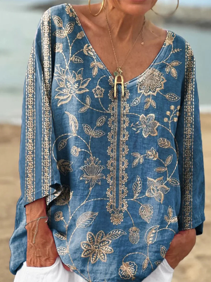 Blaues Top mit V-Ausschnitt und 3/4-Ärmeln