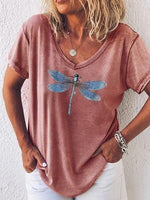 Dragonfly Printed Casual V-neck Short Sleeve T-shirt