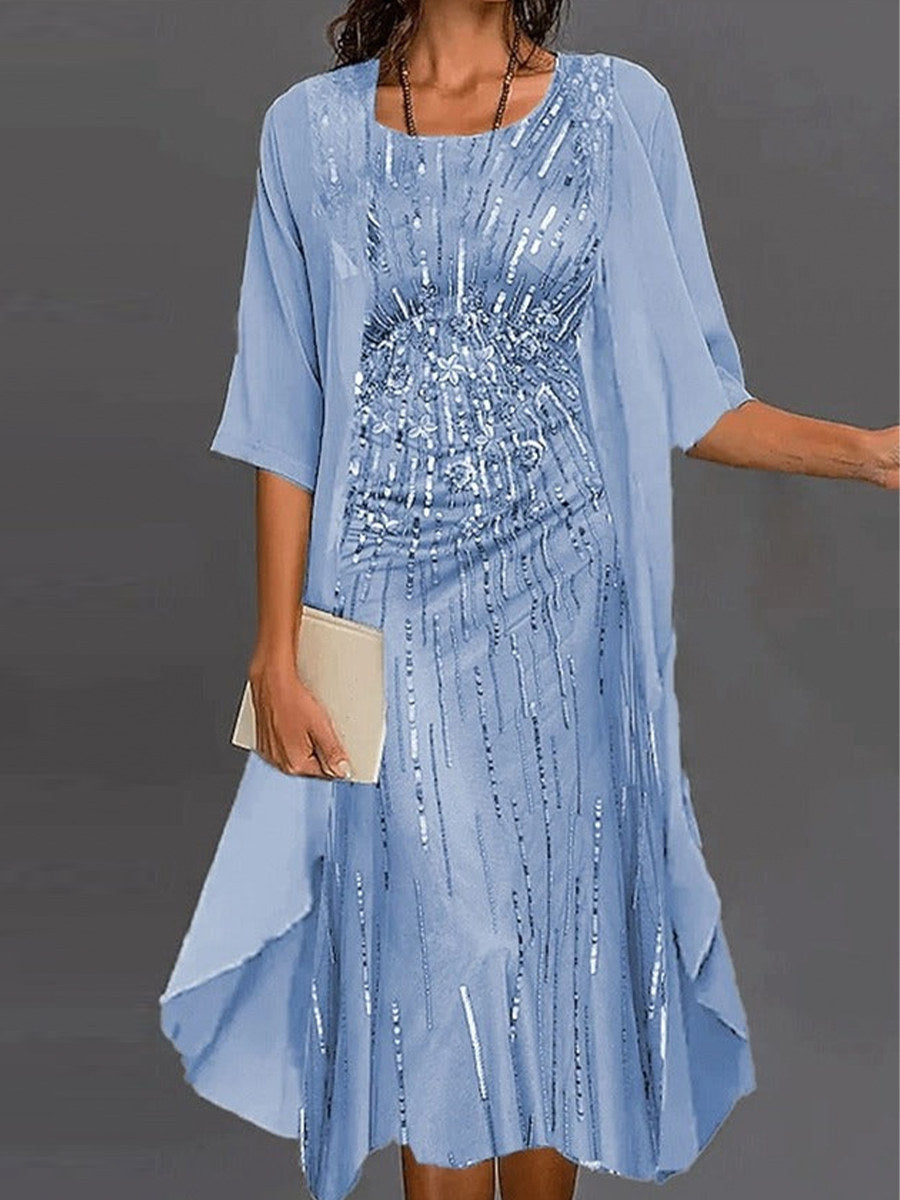 Floral Print Crew Neck Half Sleeve Loose Two Piece Dress