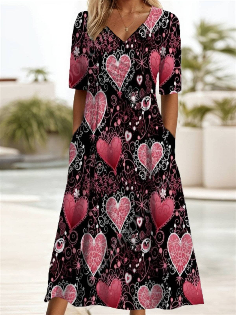 Heart Print Round Neck Short Sleeve Dress