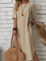 Khaki Plain Round Neck Short Sleeve Midi Dress