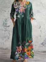 Elegant Floral Print V-neck Long Sleeve Green Maxi Dress