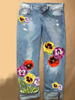 Creative Flowers Print Straight Jeans