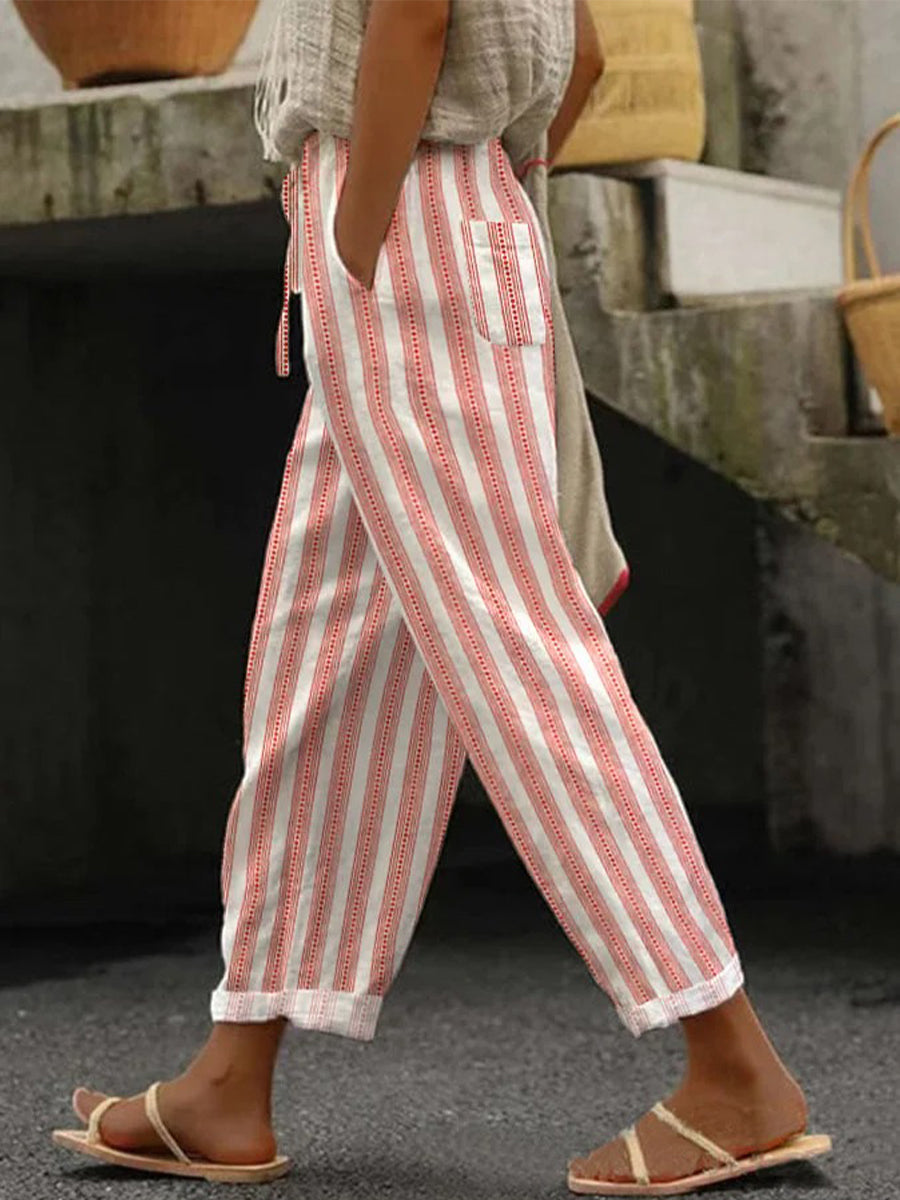 Ethnic Stripe Lace-Up Elastic Waist Loose Casual Pants