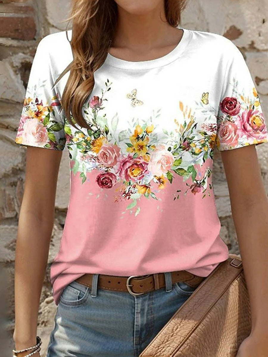 Lässiges Kurzarm-T-Shirt mit Blumenmuster, Rundhalsausschnitt