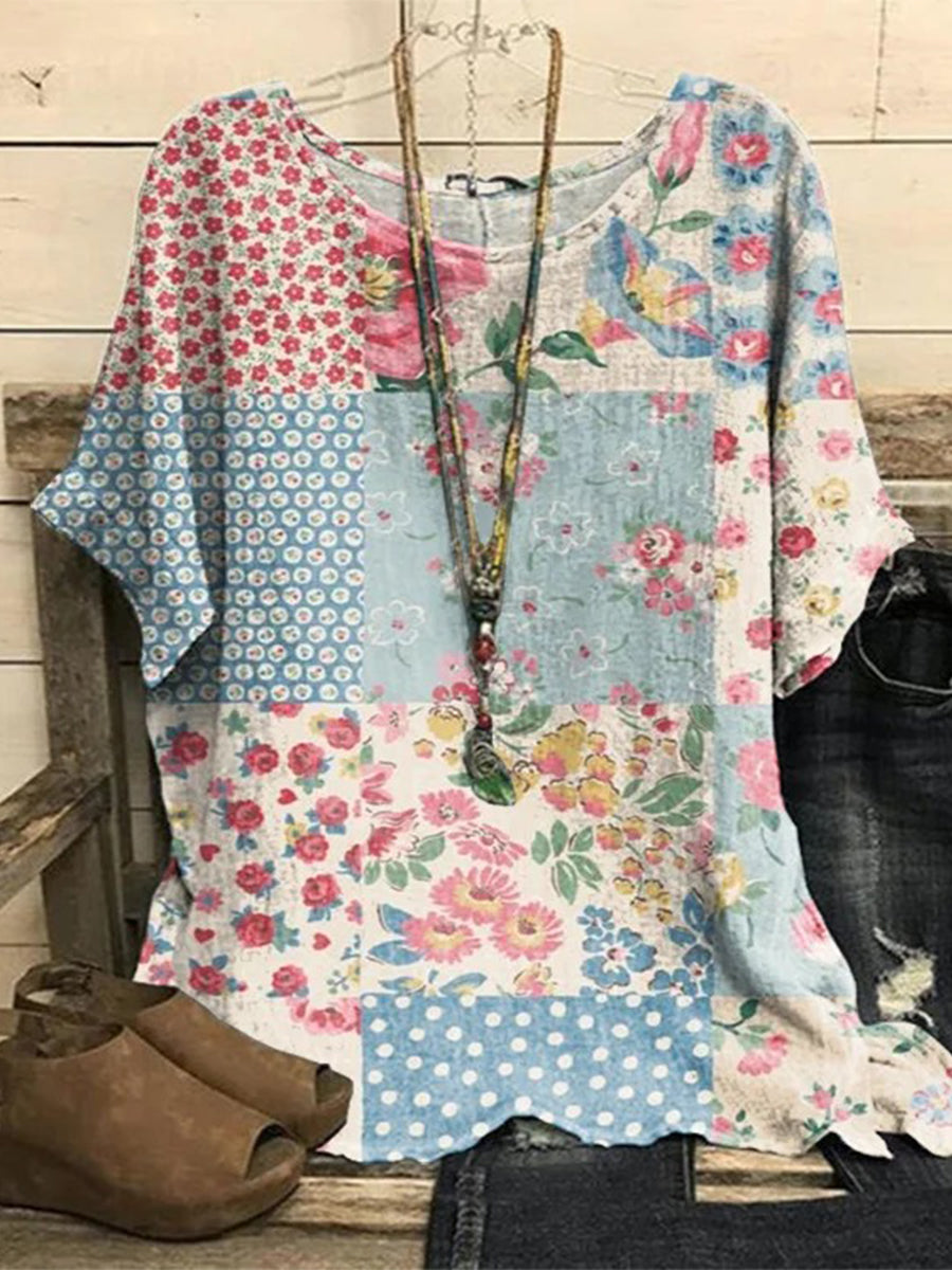 Haut à manches courtes et col rond à fleurs rétro