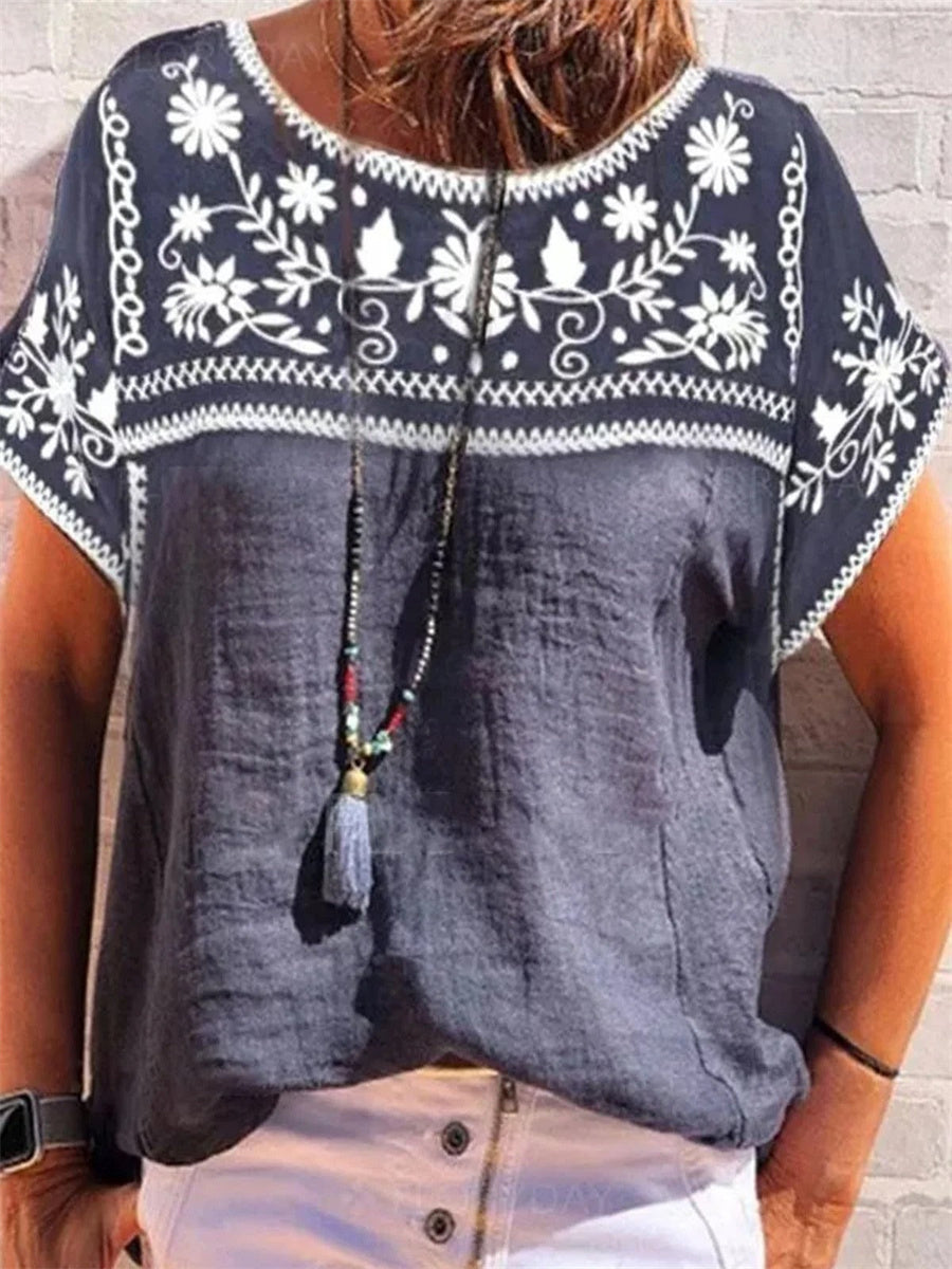 Navy Blue Ethnic Short Sleeve Crew Neck Shirt