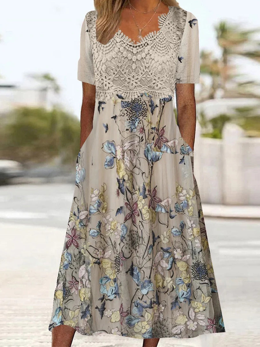 Damen-Midikleid mit kurzen Ärmeln, V-Ausschnitt, grafischem Print und Spitzenstickerei