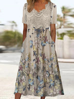 Damen-Midikleid mit kurzen Ärmeln, V-Ausschnitt, grafischem Print und Spitzenstickerei