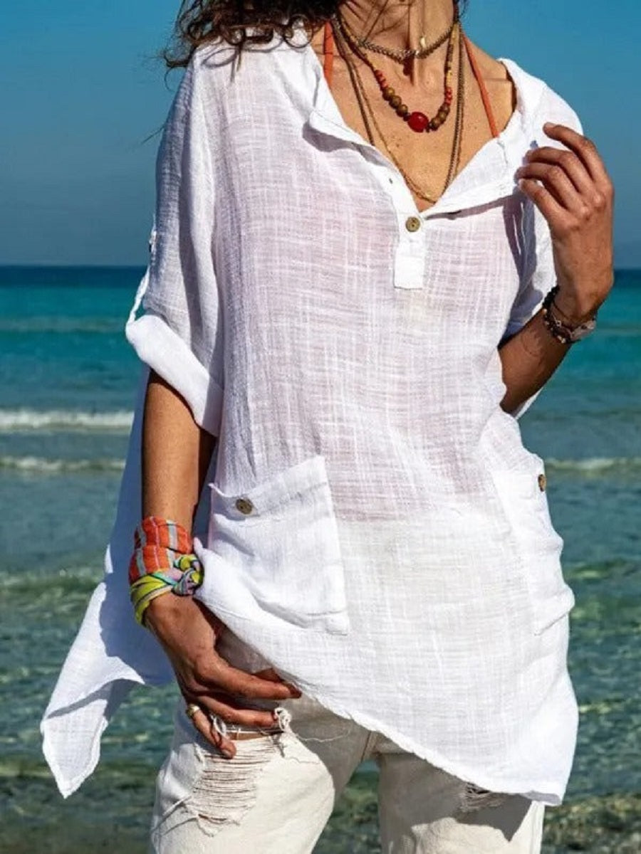 Chemisier blanc décontracté à col en V et manches longues