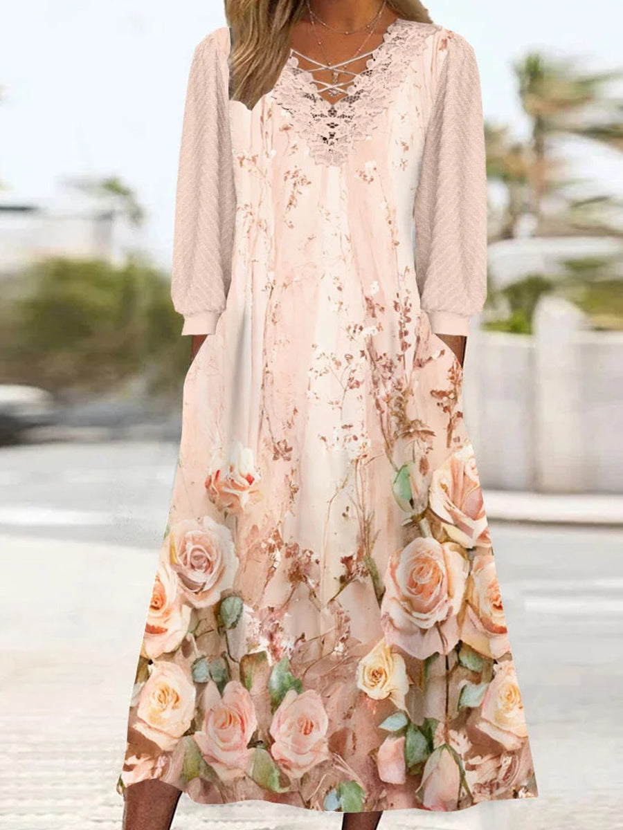 Robe midi à manches longues et col en V pour femme, imprimée de fleurs et ornée de dentelle.