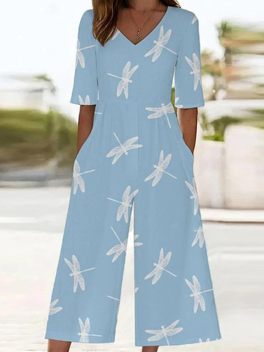 Luftiger blauer Jumpsuit mit V-Ausschnitt