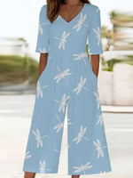 Luftiger blauer Jumpsuit mit V-Ausschnitt