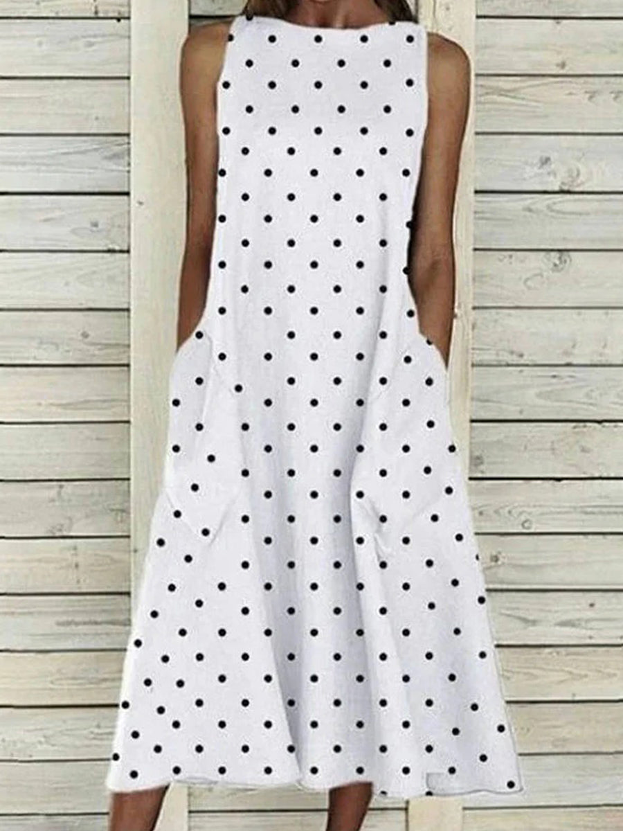 Lässiges ärmelloses Kleid mit Rundhalsausschnitt und Polka-Dot-Muster