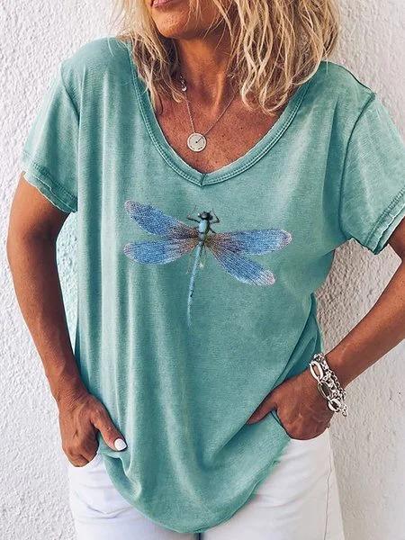 Dragonfly Printed Casual V-neck Short Sleeve T-shirt