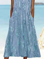 Women’s Sleeveless Blue Floral Print Casual Maxi Dress with Pockets