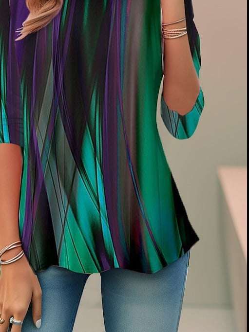 Women’s Abstract Print 3/4 Sleeve Round Neck Loose Casual Blouse