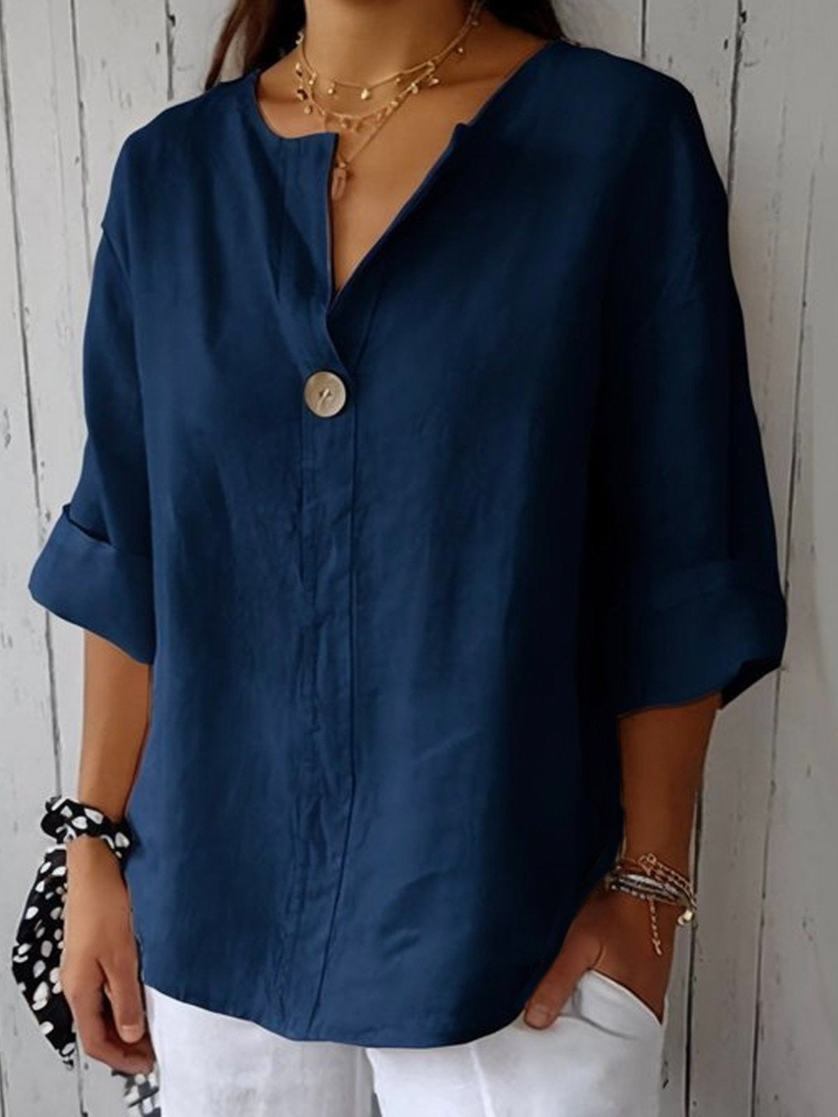 Women’s Cotton Loose Fit 3/4 Sleeve Single Button Blouse