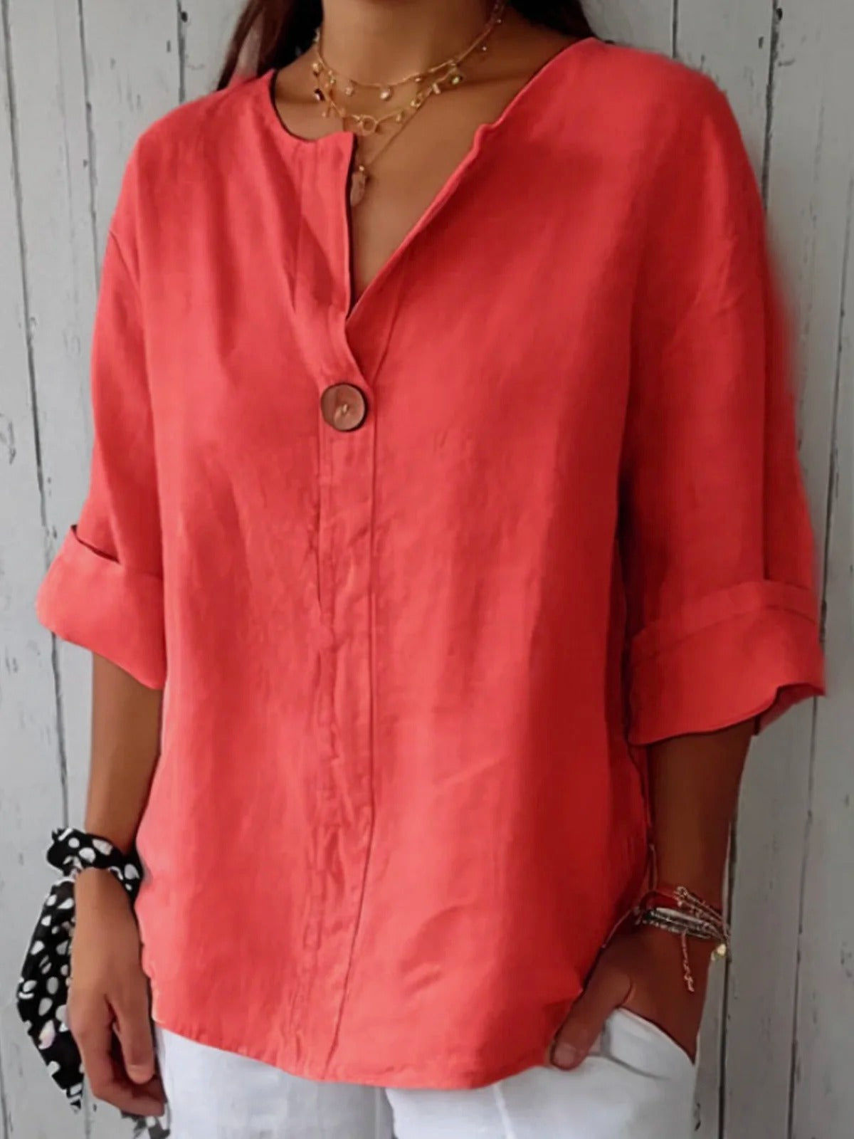Women’s Cotton Loose Fit 3/4 Sleeve Single Button Blouse