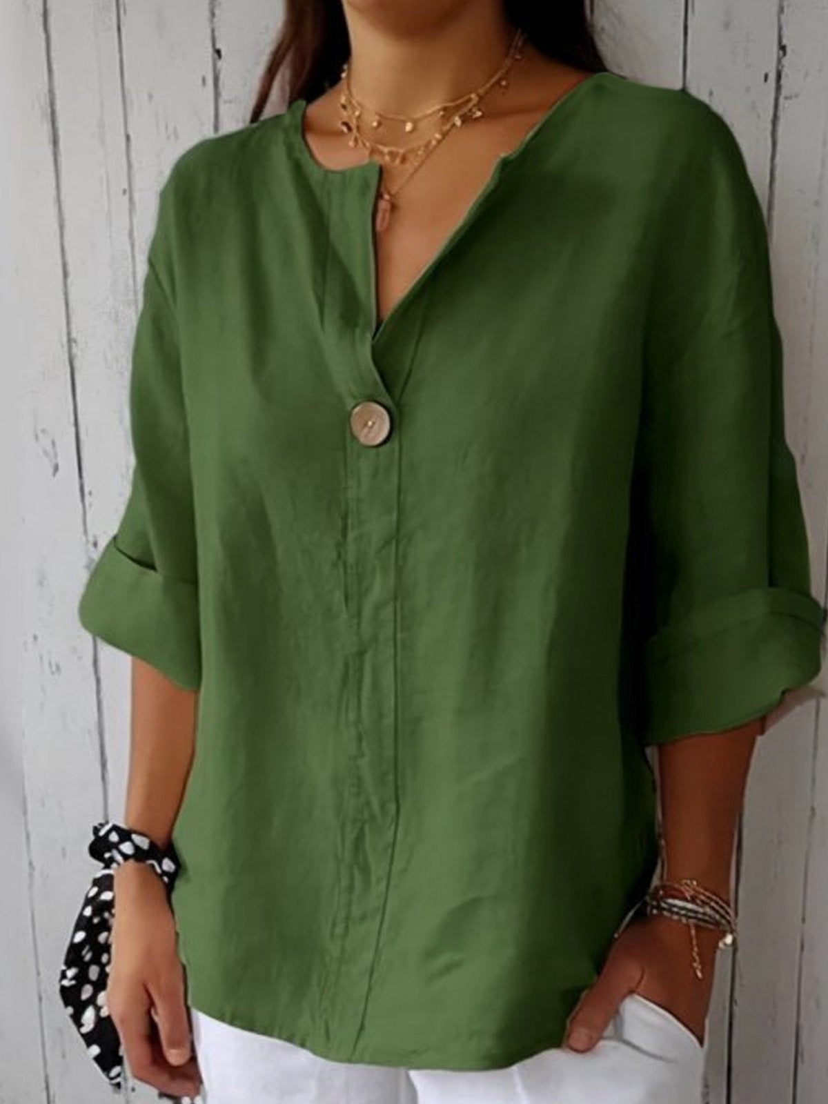 Women’s Cotton Loose Fit 3/4 Sleeve Single Button Blouse