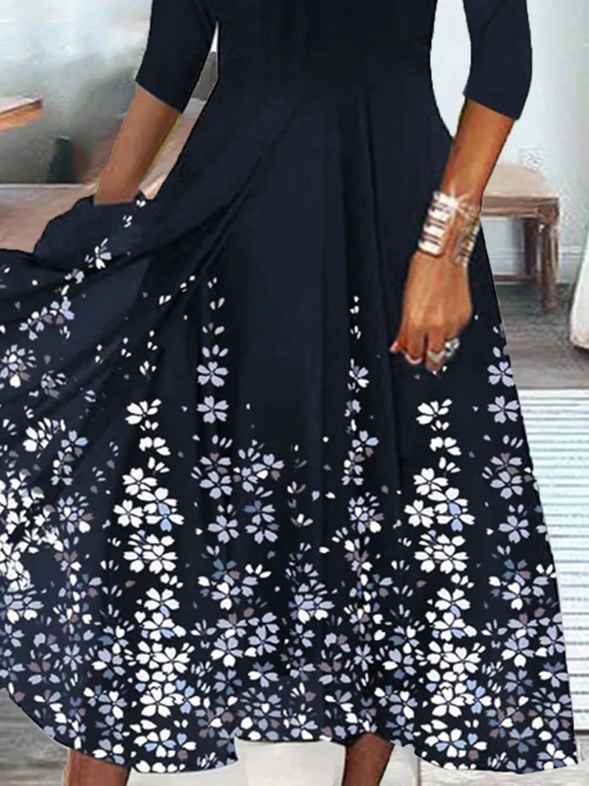 Women’s Scalloped V-Neck 3/4 Sleeve Floral Print Midi Dress