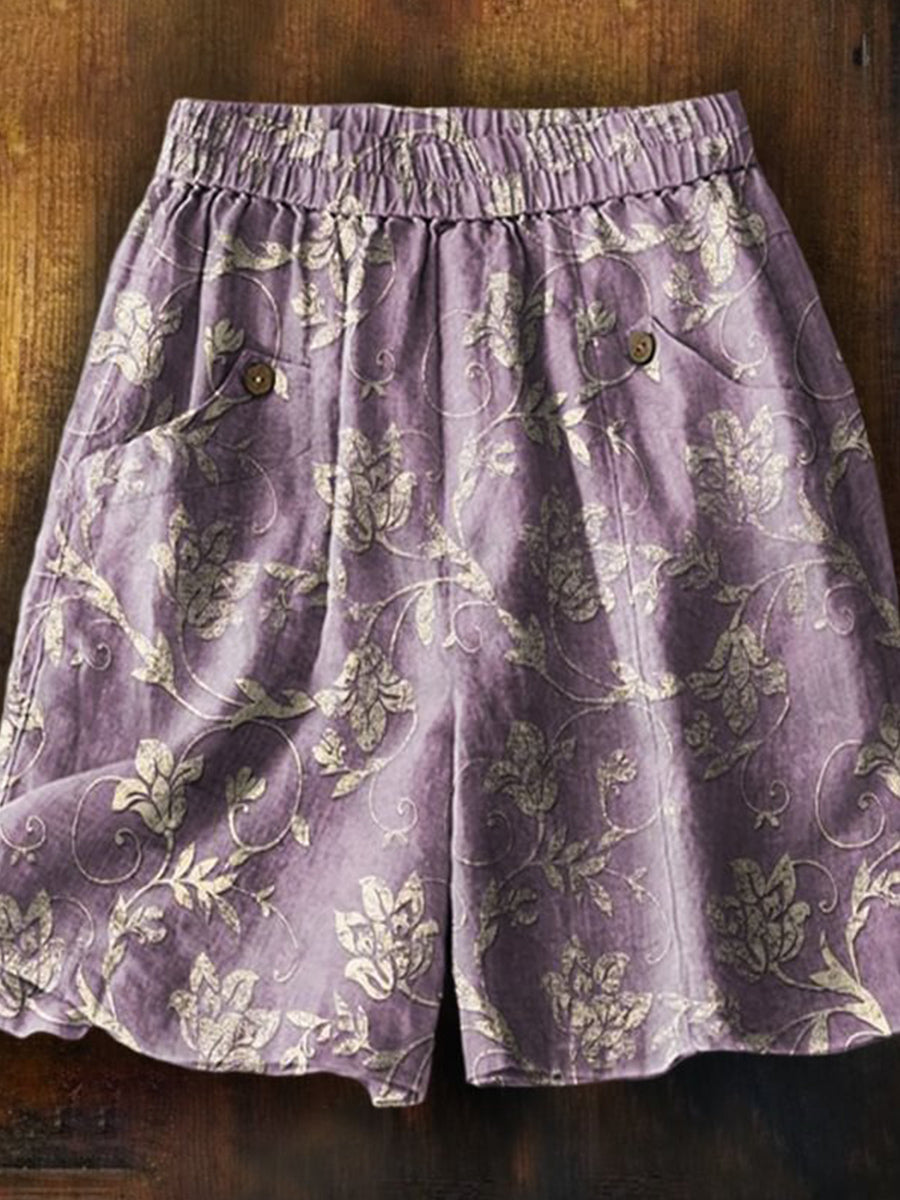 Short décontracté à poches pour femme, imprimé floral folklorique