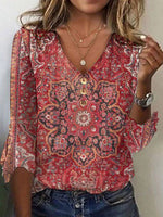 Women’s Ethnic Print Button Front V-Neck 3/4 Sleeve Blouse