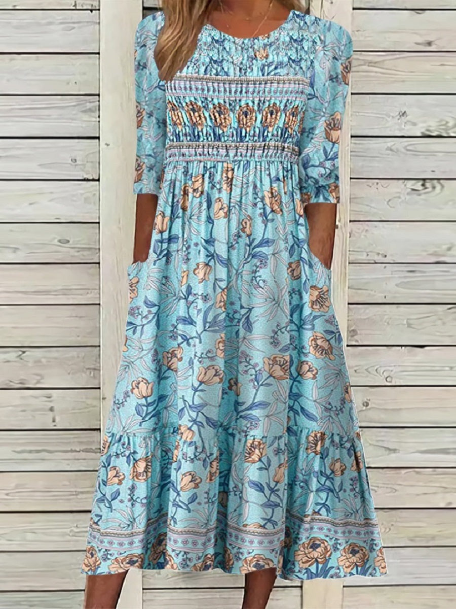 Women’s Floral Smocked Half Sleeve Boho Midi Dress with Pockets