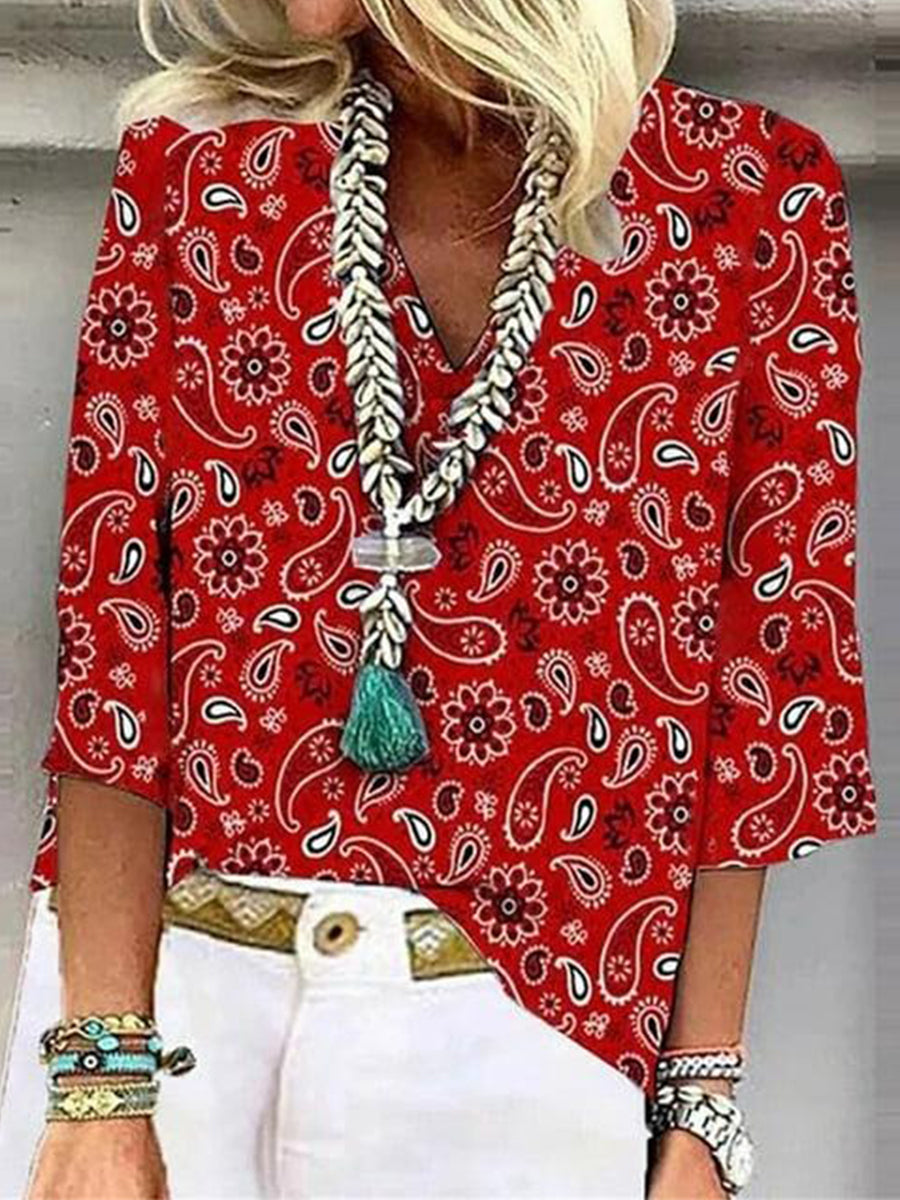 Auffälliges rotes Top mit 3/4-Ärmeln und V-Ausschnitt