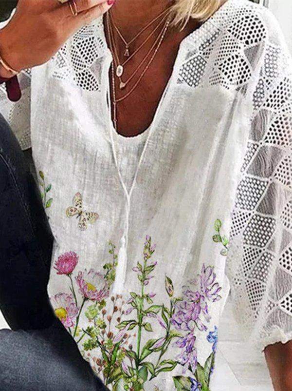 Floral Print Casual V Neck 3/4 Sleeve Blouse