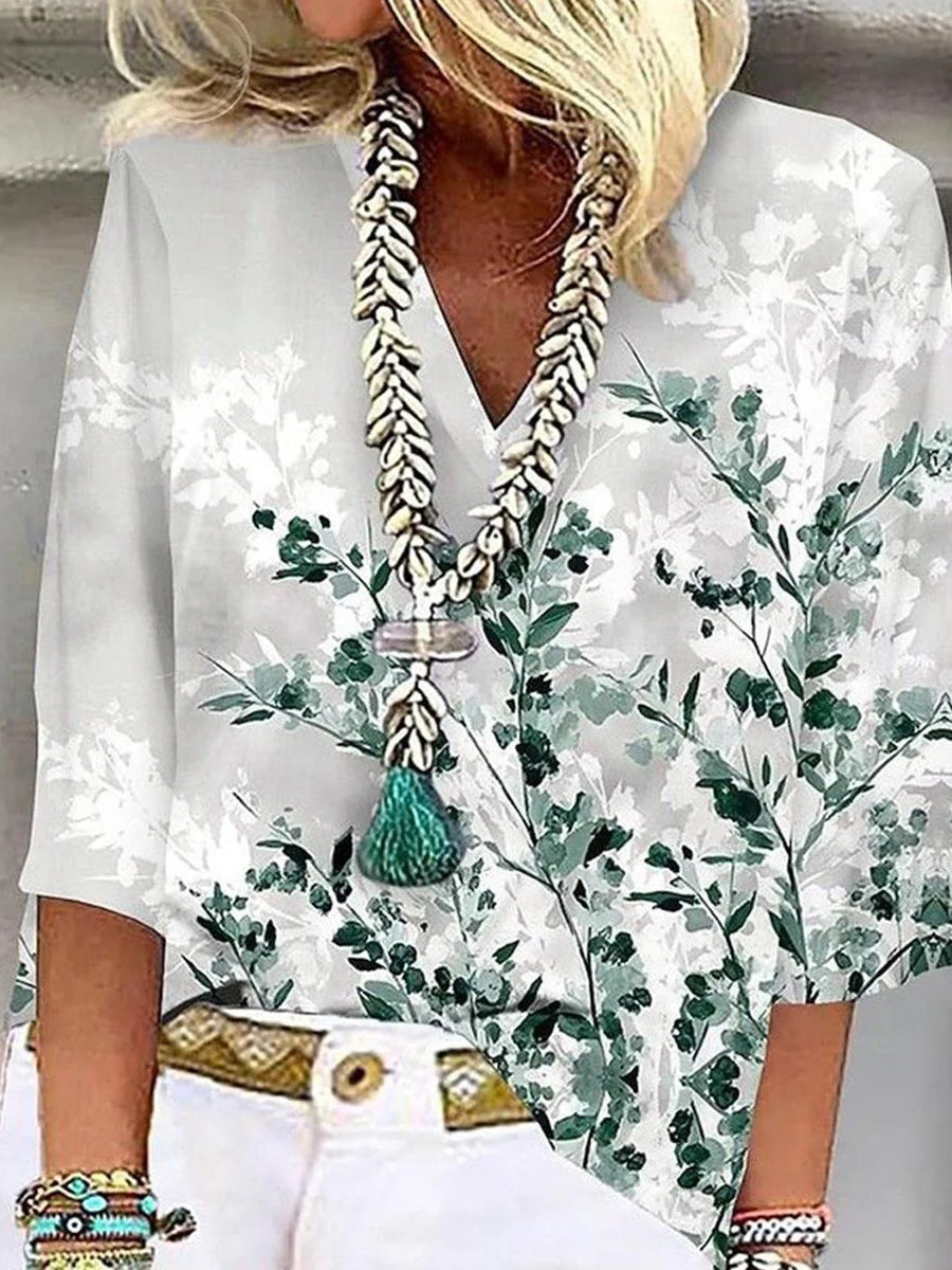 Haut à imprimé végétal, col en V, manches 3/4