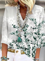 Haut à imprimé végétal, col en V, manches 3/4