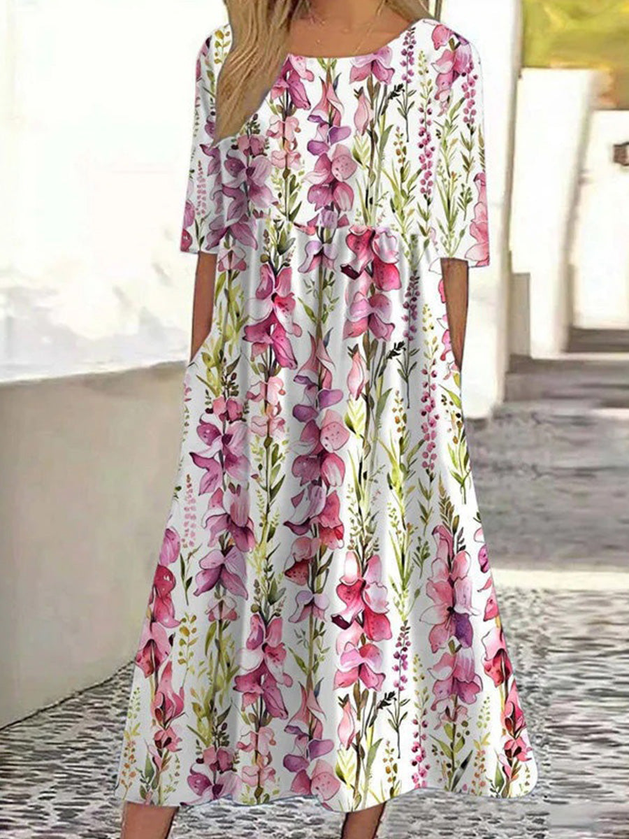 Lässiges Kleid mit Blumenmuster, Rundhalsausschnitt und kurzen Ärmeln