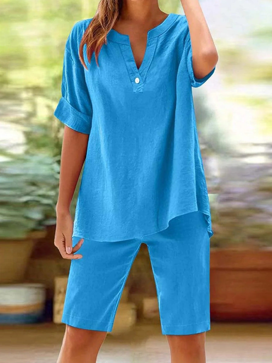 Solid Color Blue V-neck Short Sleeve Two Piece Set